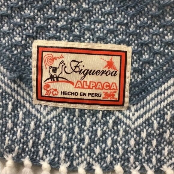 Figueroa Alpaca Blanket Wrap Scarf with Tassel Fringe, Blue Chevron, OSFA - Picture 5 of 6